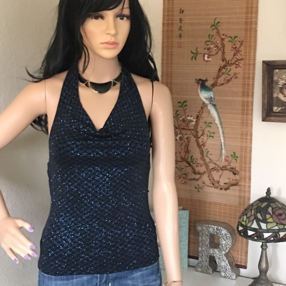 A. Byer Stretchy Sparkly Halter Top Black and Blue